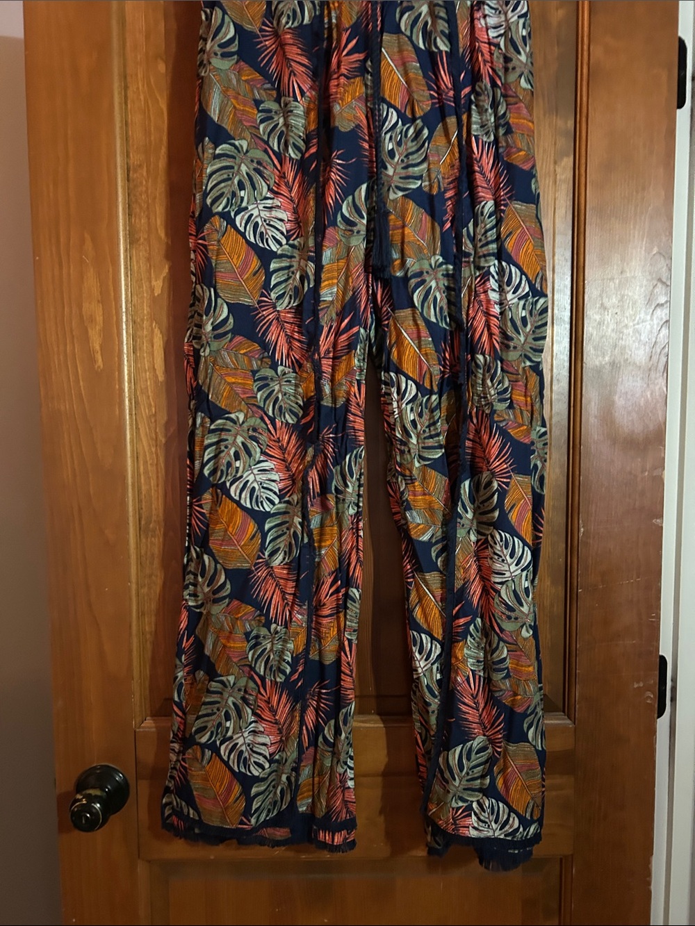 Time and Tru Navy Wide-Leg Tropical Print Pants with orange and sage print